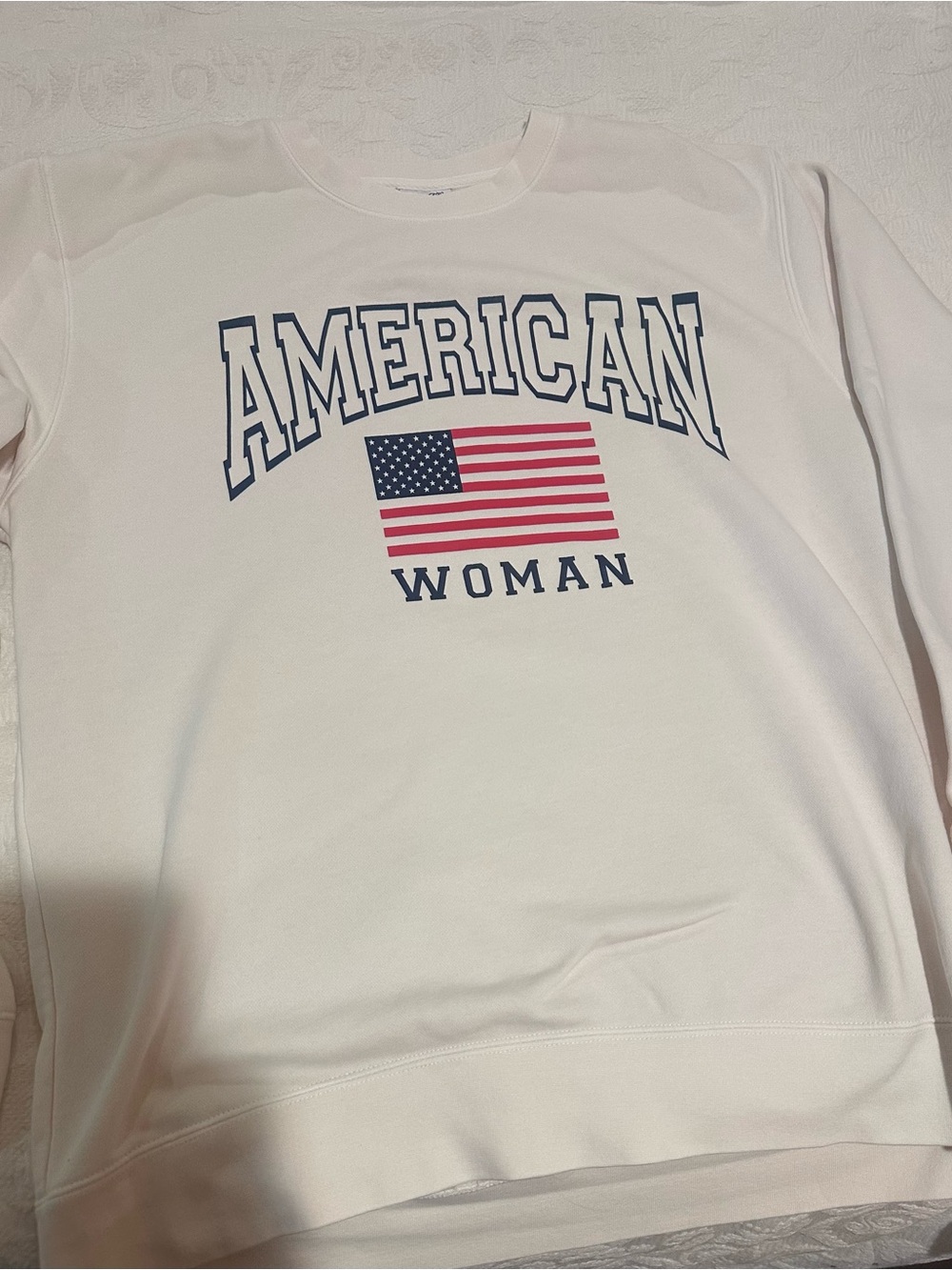 Living Fully Co by Mallory Ervin, Cream "AMERICAN WOMAN" Flag Sweatshirt